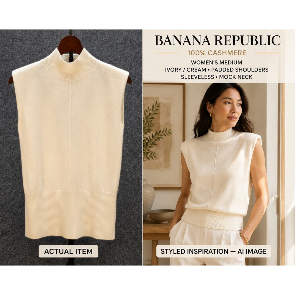 Banana Republic Cashmere Sweater Women Mock Neck Padded Shoulder Ivory M EUC